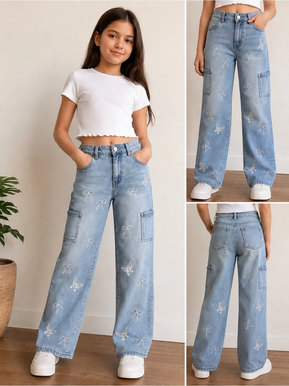 Girls Light Blue Embroidered Wide-Leg Jeans